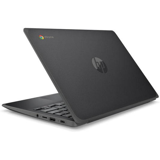 Sleek black HP Chromebook 11 G8 showing the Chrome logo, angled to highlight ports and textured lid by HP.