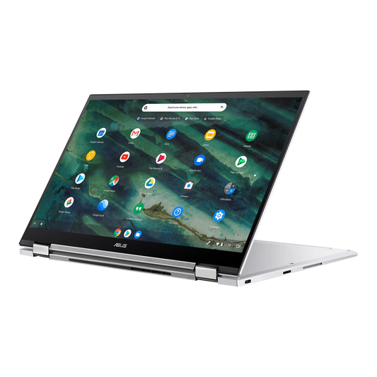 ASUS Chromebook Flip C436F displayed at an angle, showcasing its convertible design and vibrant app interface.