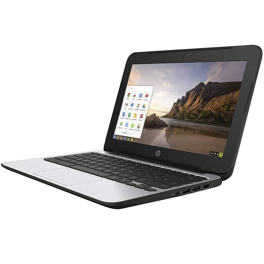 HP Chromebook 11 G4 G5 Laptop shown at an angle with a colorful screen display, featuring 4GB RAM and compact design by Hp.
