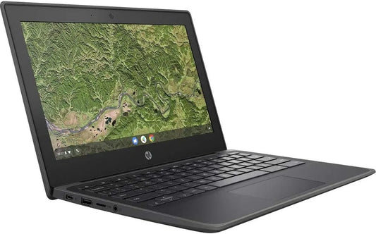 HP Chromebook 11 G8 shown from the side, featuring a dark design and a vibrant display with a map background.