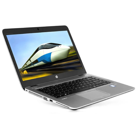 HP EliteBook 820 G3 Laptop with touchscreen, angled view showcasing sleek design and vibrant display.