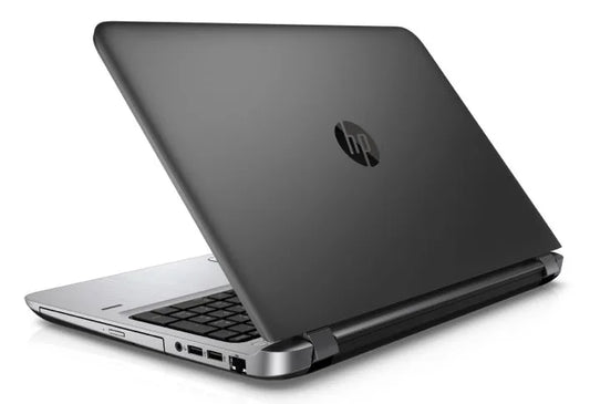 Sleek black HP ProBook 450 G3 laptop viewed from the back, showcasing its modern design and HP logo.