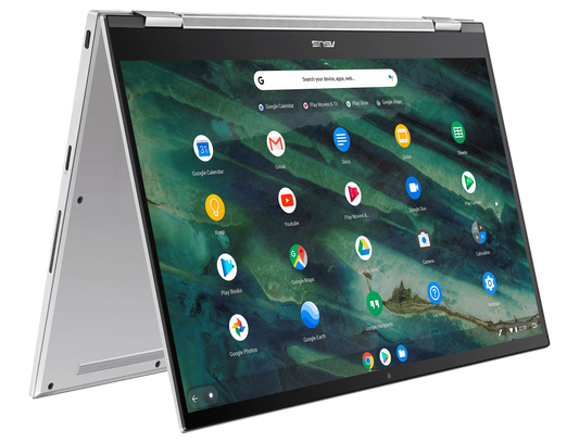 ASUS Chromebook Flip C436F shown in convertible mode with a vibrant screen and app icons visible on the display.
