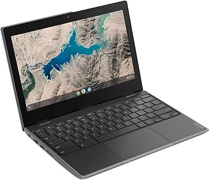 Lenovo Chromebook 100E (2nd Gen) shown at an angle, featuring a sleek design and landscape display. Best for students by The