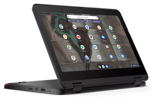 Lenovo Chromebook 300E-500 (3rd Gen) in a 360° touch design, showcasing its screen and USB ports by Lenovo.